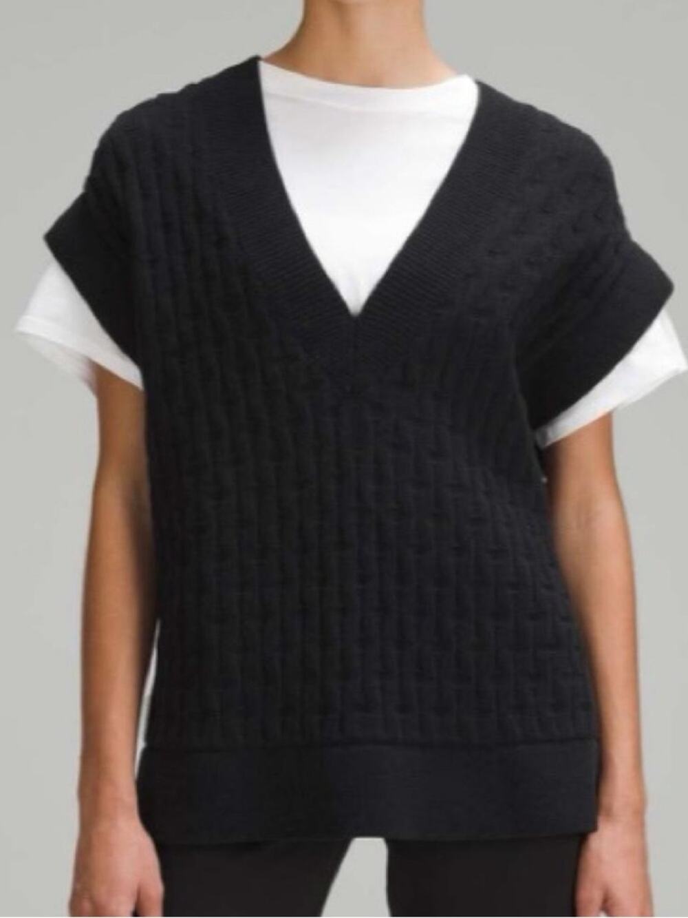 Lululemon Cable Knit Relaxed Fit Sweater Vest Black Oversized V Neck XL